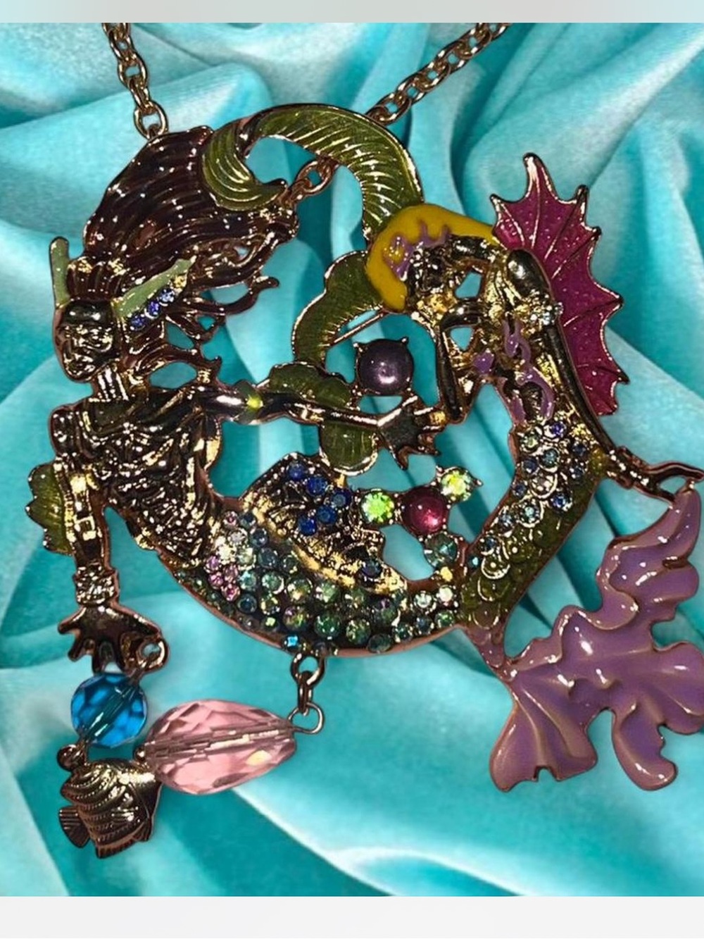 Colorful Mermaid Pendant Necklace - Gold Tone with Multicolor Accents
